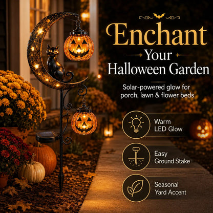 🔥Last Chance Before They're Gone! Solar Halloween Black Cat Moon Garden Stake Light 🎃🐈‍⬛🌙